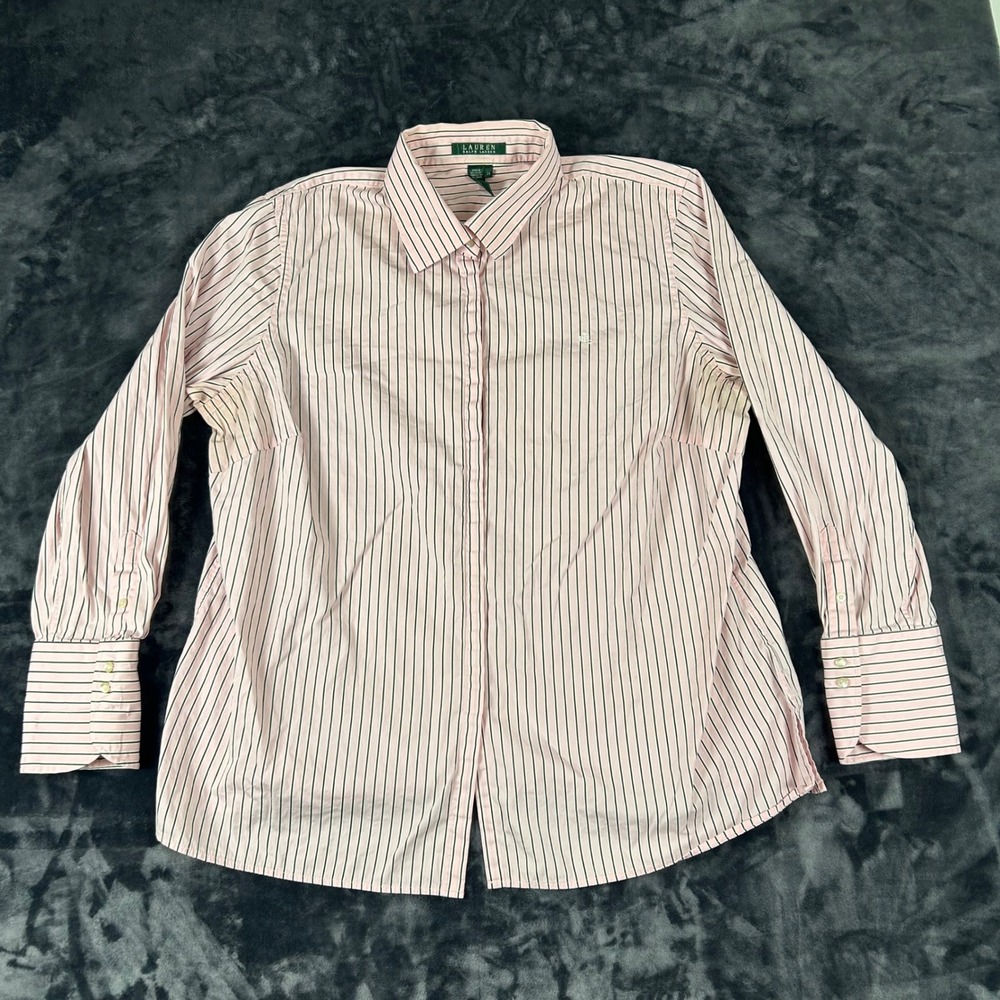 Lauren Ralph Lauren Button Down Shirt Womens 2X Pink Striped Cotton LRL Logo